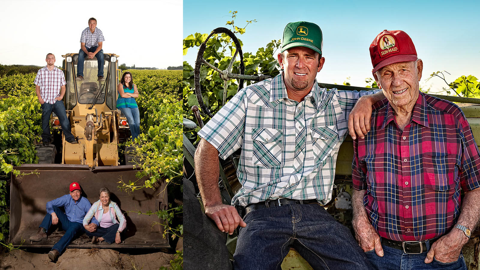 A collection of the faces of Sun-Maid growers. Left side: growers sitting on a tractor. Right side: up-close shot of two men smiling.